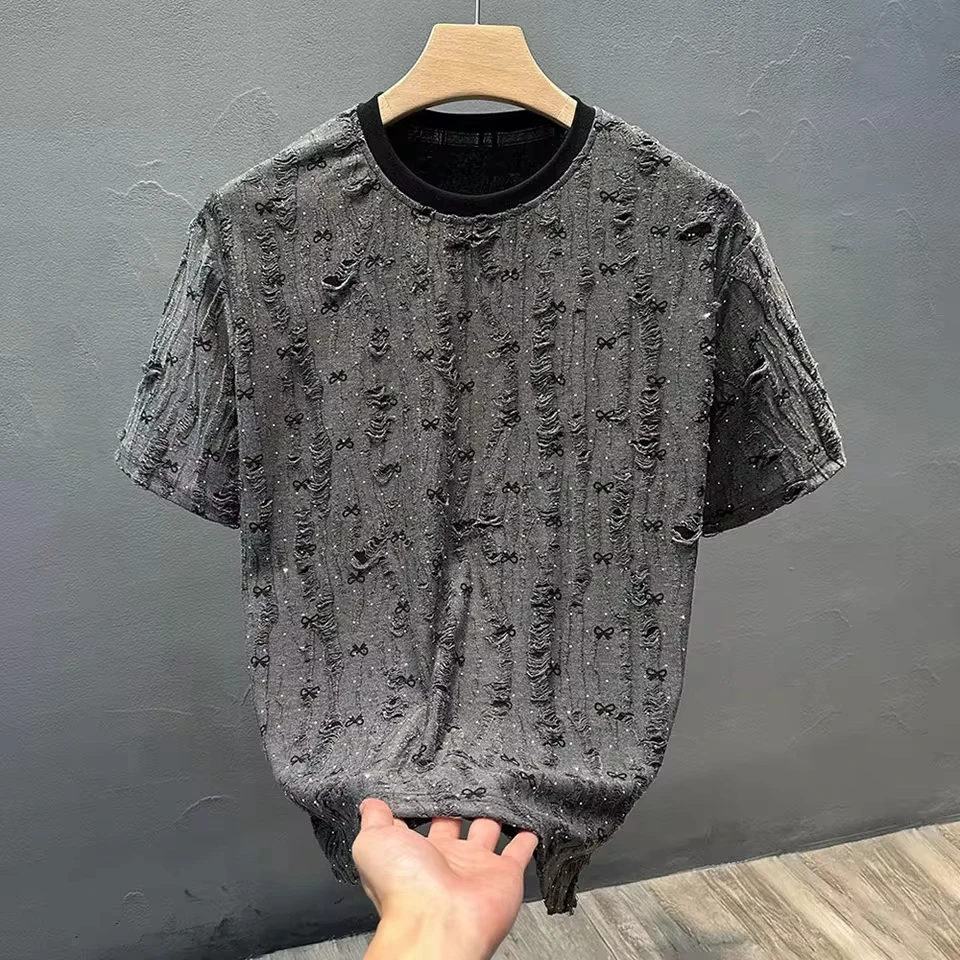 Mens T Shirt Black Multi Holes Niche Ripped T Shirt Summer Fashion Trend Streetwear Casual Thin Personality Short Sleeve Tops