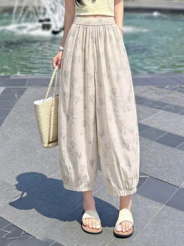 Summer Thin Embroidered Bloom Loose High Waist Drapey Cuffed Nine-Piece Cotton Linen Wide Leg Pants Women's Casual Trousers