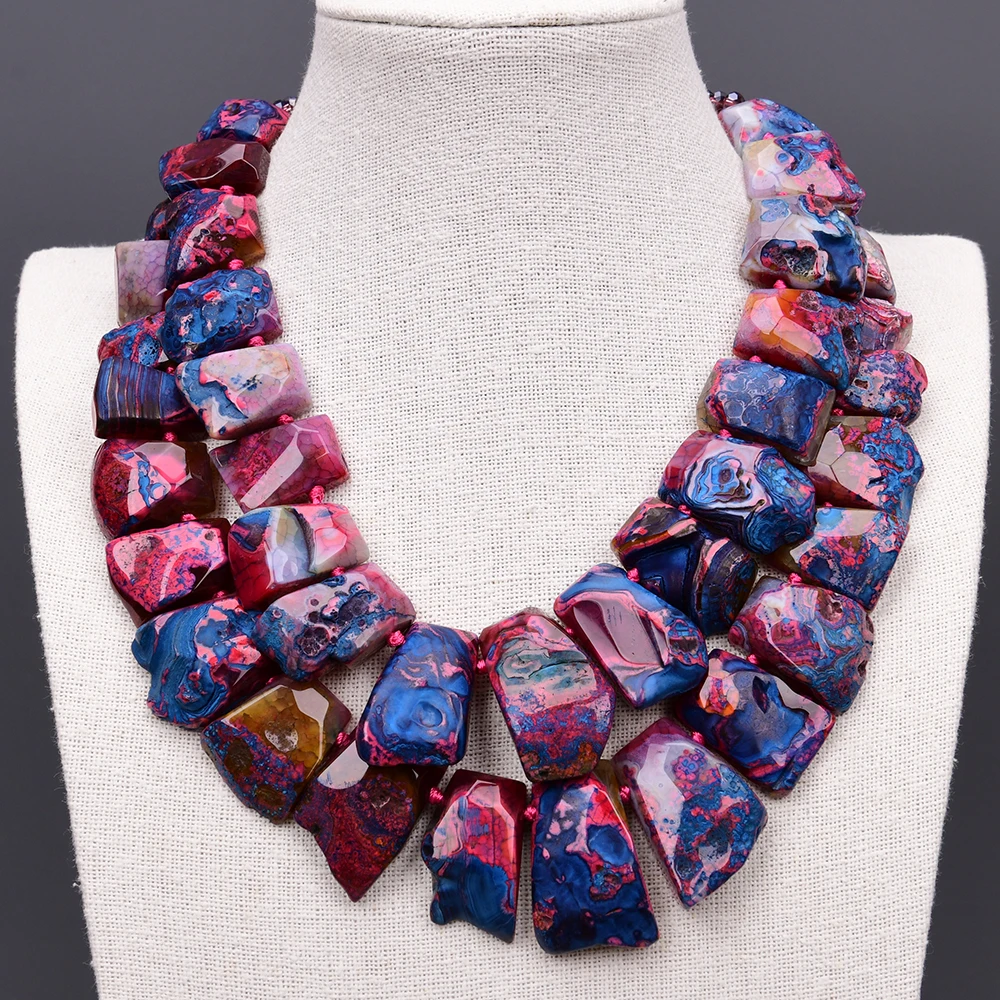 G-G Heavy 2 Strands Red Blue Fuchsia Agate Slice Druzy Beads Top-Drilled Stone Crystal Pendant Necklace Lady Jewelry Gift