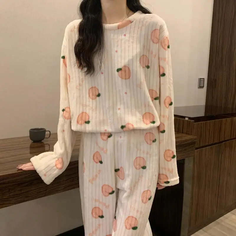 Women's warm long sleeved long pants pajama set girls autumn winter new style cardigan Chinese style home clothes two-piece set
