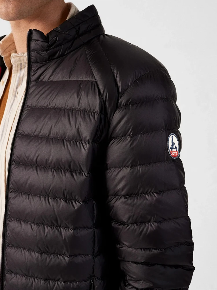 Hot Sales Europe Men Women Long sleeves Embroidery logo Zipper Front Going Out Light Thin Hooded Down Jacket Warm And Windproof