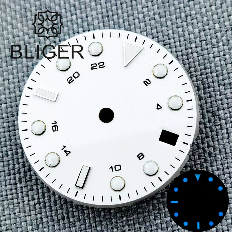 BLIGER 29mm Watch Dial Black White Blue Black Silver Edge Time Mark Green/Blue Luminous Dial Fit NH34 NH35 Movement Date Window