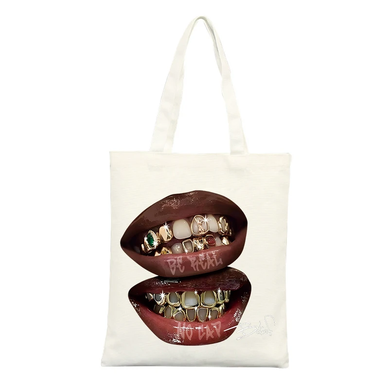 Canvas Tote Bag with Lip and Teeth Graphic, Streetwear Style for Casual Daily Use