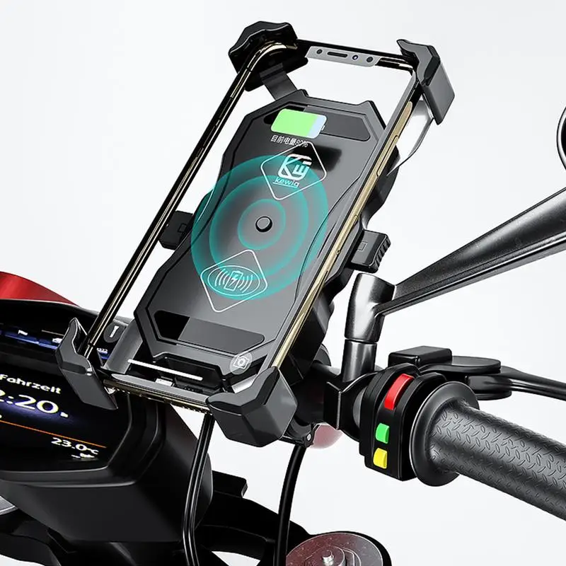 

Motorcycle Phone Mount Waterproof Bike Phone Charger Wireless Charging Phone Mount Secure Cradle Handlebar Cell Phone Holder