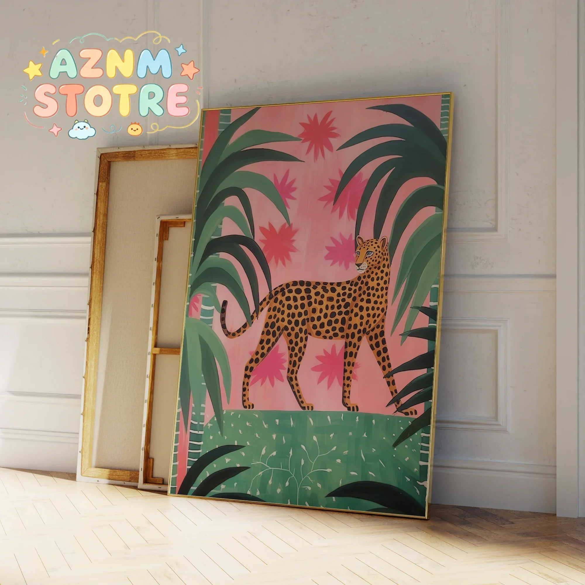 Pink And Green Cheetah In The Jungle Matisse Style Wall Art Prints Canvas Painting Poster Picture For Living Room Home Decor