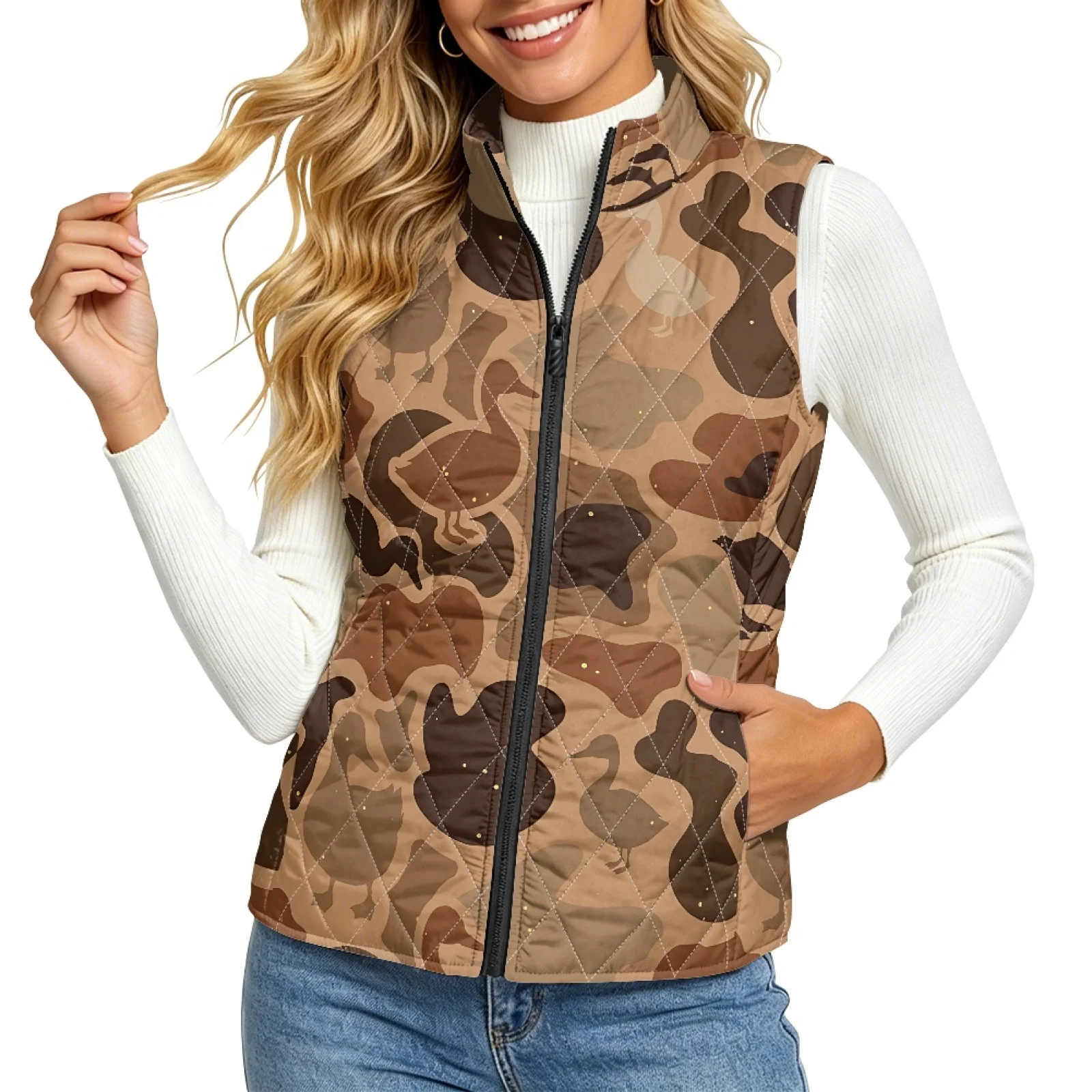 PENSTROLL Women's Duck Camo Quilted Vest Zip up Lightweight Padded Gilet, Casual Outerwear for Hiking Traveling and Horse Riding