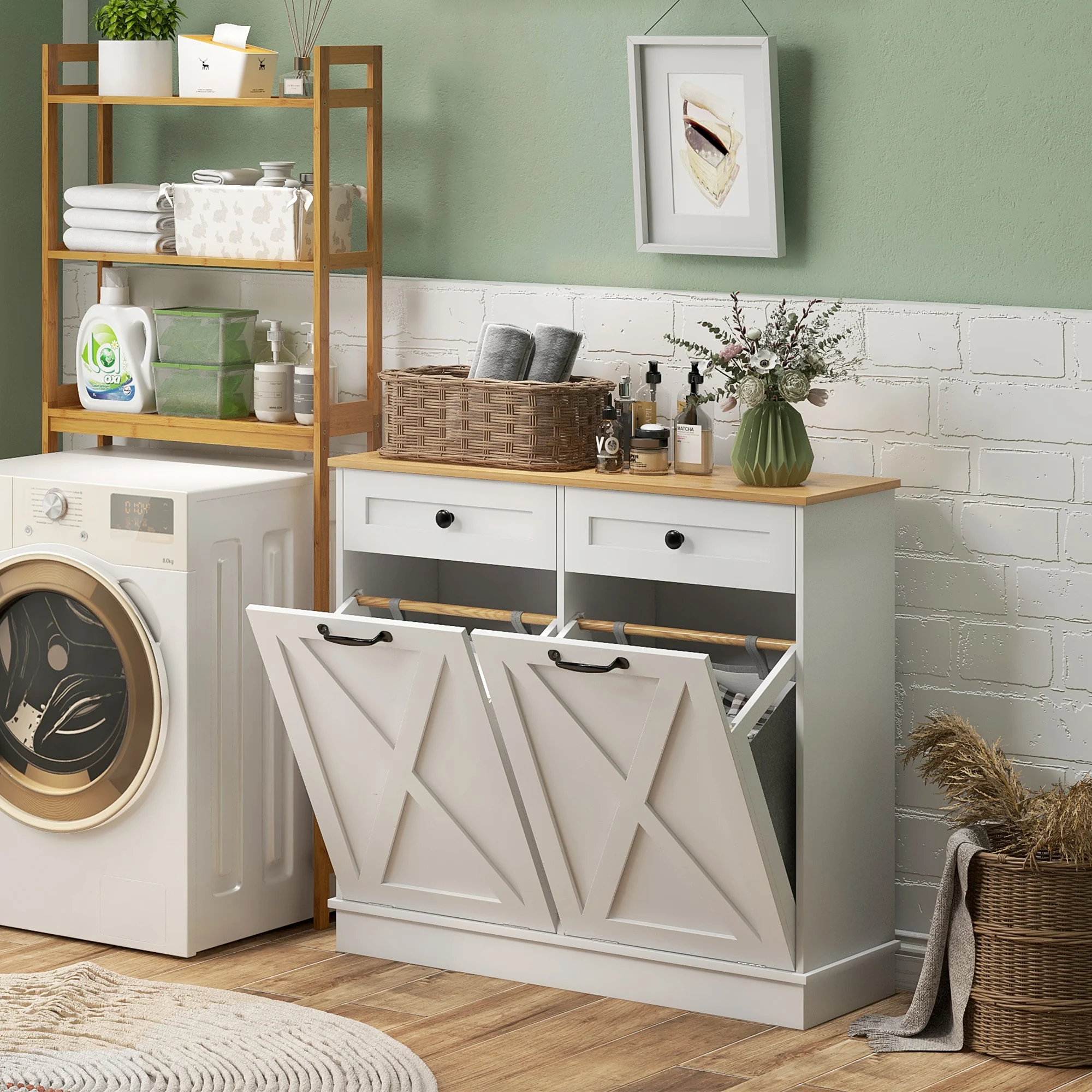HOMCOM Double Tilt Out Laundry Hamper Cabinet with 2 Removable Baskets and 2 Drawers, Bathroom Storage Cabinet or Trash Can Cabinet for Laundry Room, Living Room, White