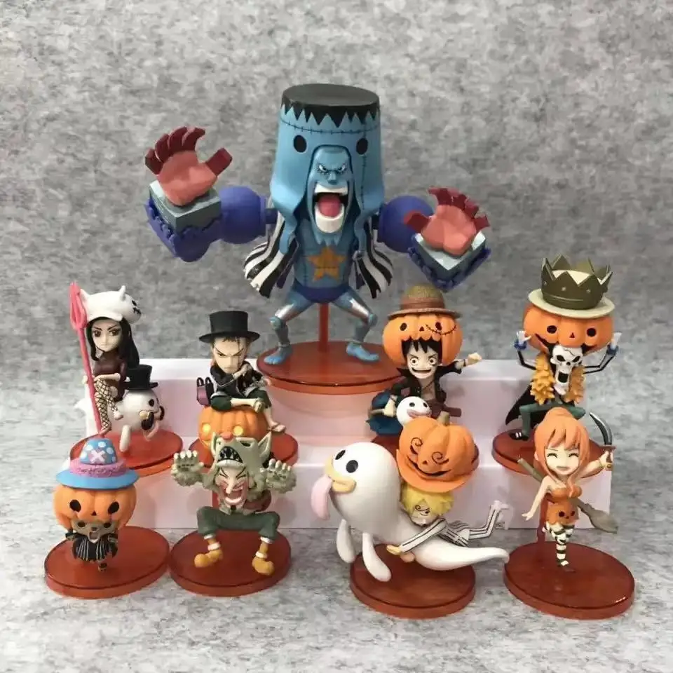 9Pcs/Set Anime One Piece WFC Halloween Luffy Sanji Chopper Nami Pumpkin Clollectible Action Figures Toys