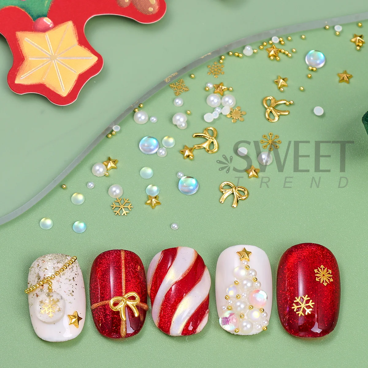 ชุดตกแต่งเล็บคริสต์มาส 6 ช่อง ลายดาว โบว์ เกล็ดหิมะ ดีไซน์เครื่องประดับ ไข่มุกคาเวียร์ ลูกปัดแบน ไข่มุกเมอร์เมด สำหรับตกแต่งเล็บฤดูหนาว