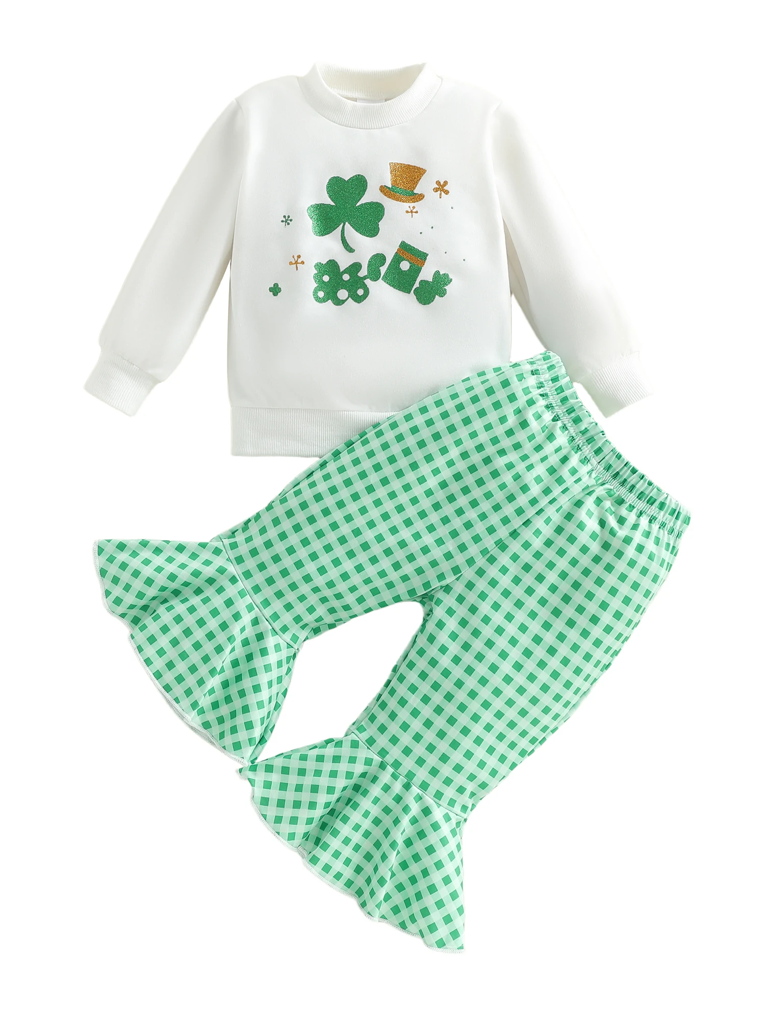 

Наряд для маленьких девочек на День Святого Патрика, топ с длинными рукавами и брюки-клеш с принтом зеленого трилистника, комплект одежды для малышей для ирландцев
