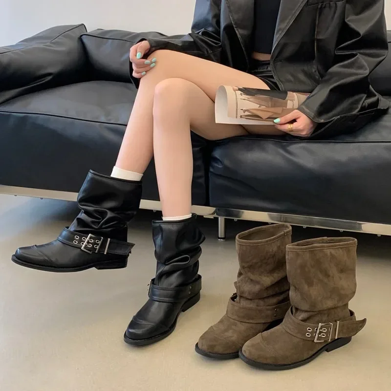 New Women's Boots Autumn Vintage Buckle Strap Ankle Boots Fashion Shoes for Women Designer Round Toe Short Boots Botas Feminina