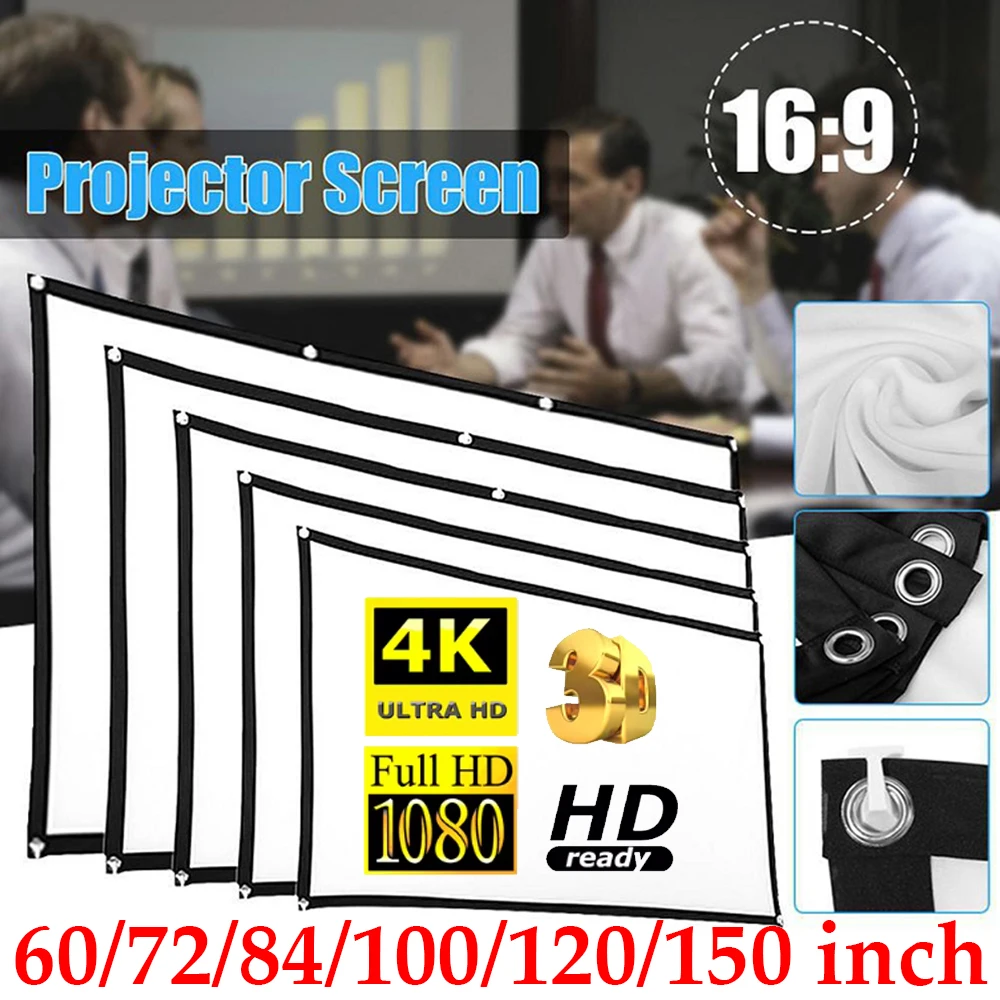 16:9 Simple Projector Curtain 60/72/84/100/120/150 inch Portable HD Display Screen Home Cinema Theater Movie Home Outdoor Office