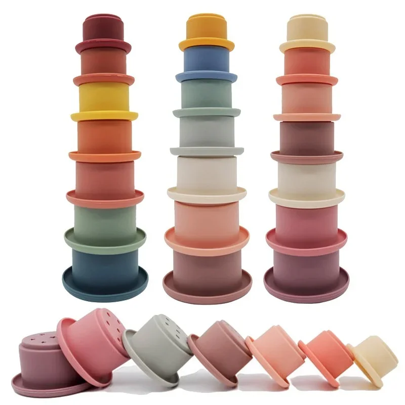 Silicone Baby Hourglass Stacking Cup Montessori Educational Toy  Intelligence Gift Toys Stacking Ring Tower Toy Infant Bath Play