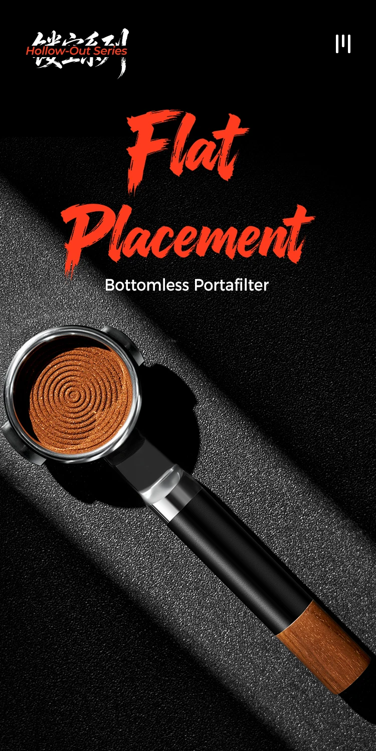 IKAPE Durchbrochener bodenloser Siebträger, Espressogriff aus Edelstahl und Walnuss, 54/58 mm Präzisionskorb mit hoher Extraktion – Detail 1