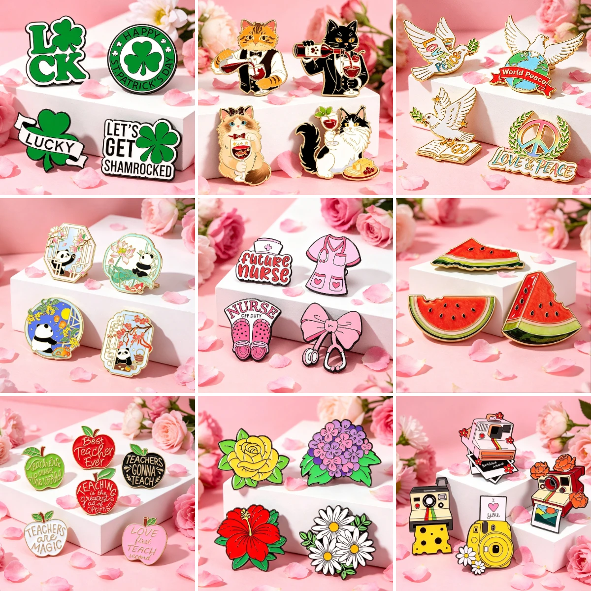 4Pcs Mixed Enamel Brooch Set Cartoon Cat Flower Nurse Watermelon Lapel Pin Backpack Coat Decor Jewelry