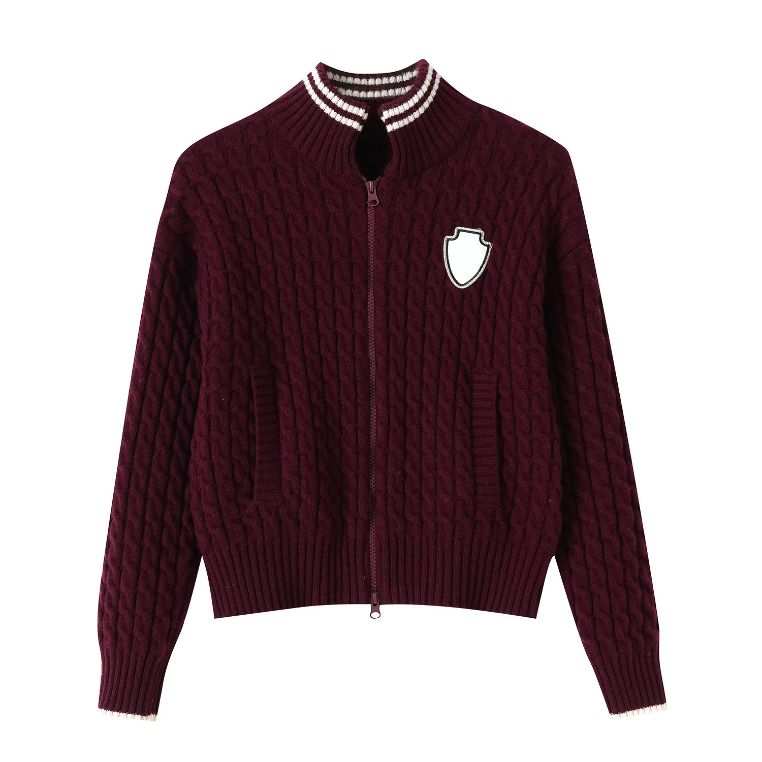 Short Zipper Lapel Knitted Jacket 3D College Style Cardigans Burgundy Autumn New Women's Jackets Zip-up Office Lady Outerwears