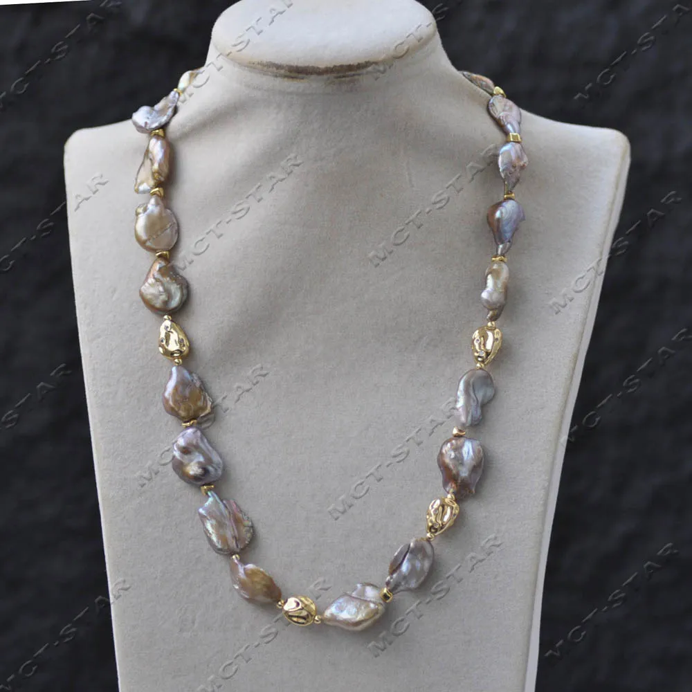 

MCT·STAR 21'' 18mm Lavender Baroque Keshi Reborn Pearl CZ Golden Bean Necklace Custom Jewelry（Z14000）