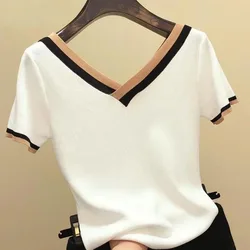 Women's Thin Knitted T-Shirts, Korean Fashion, Contrast Color Tees, Short Sleeve Tops, Slim Fit Tshirt, Summer Clothes, 13362