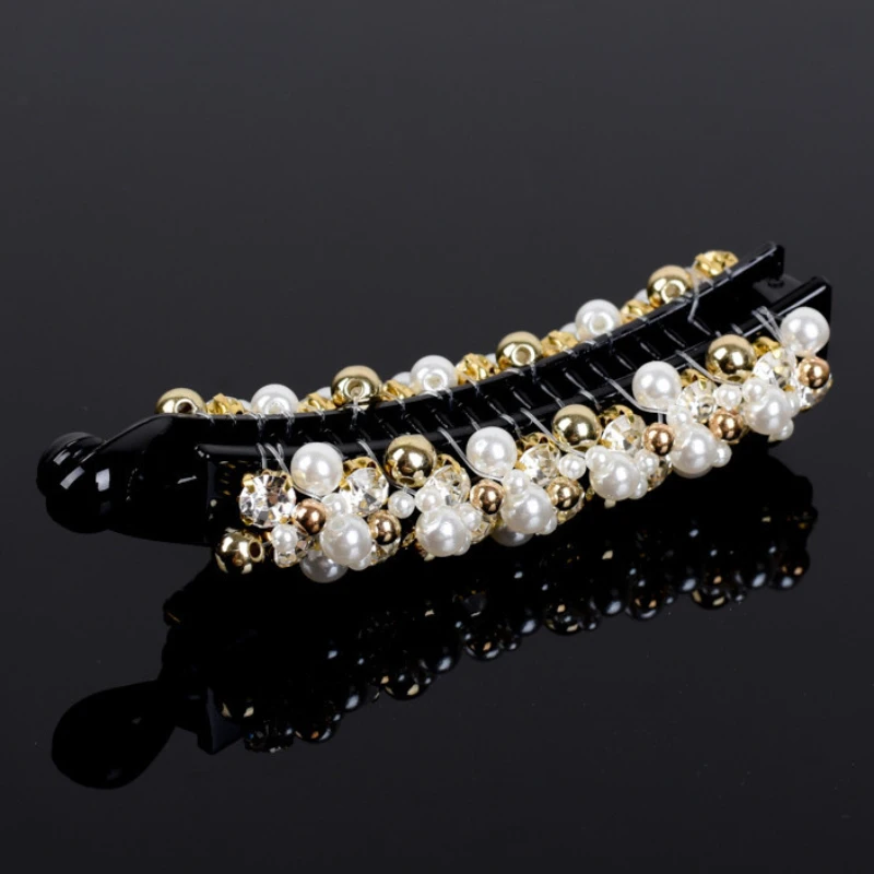 Korean Elegant Pearl Rhinestone Banana Vertical Hair Clip  and Non-Slip Accessories for Women Barette Cheveux Femme