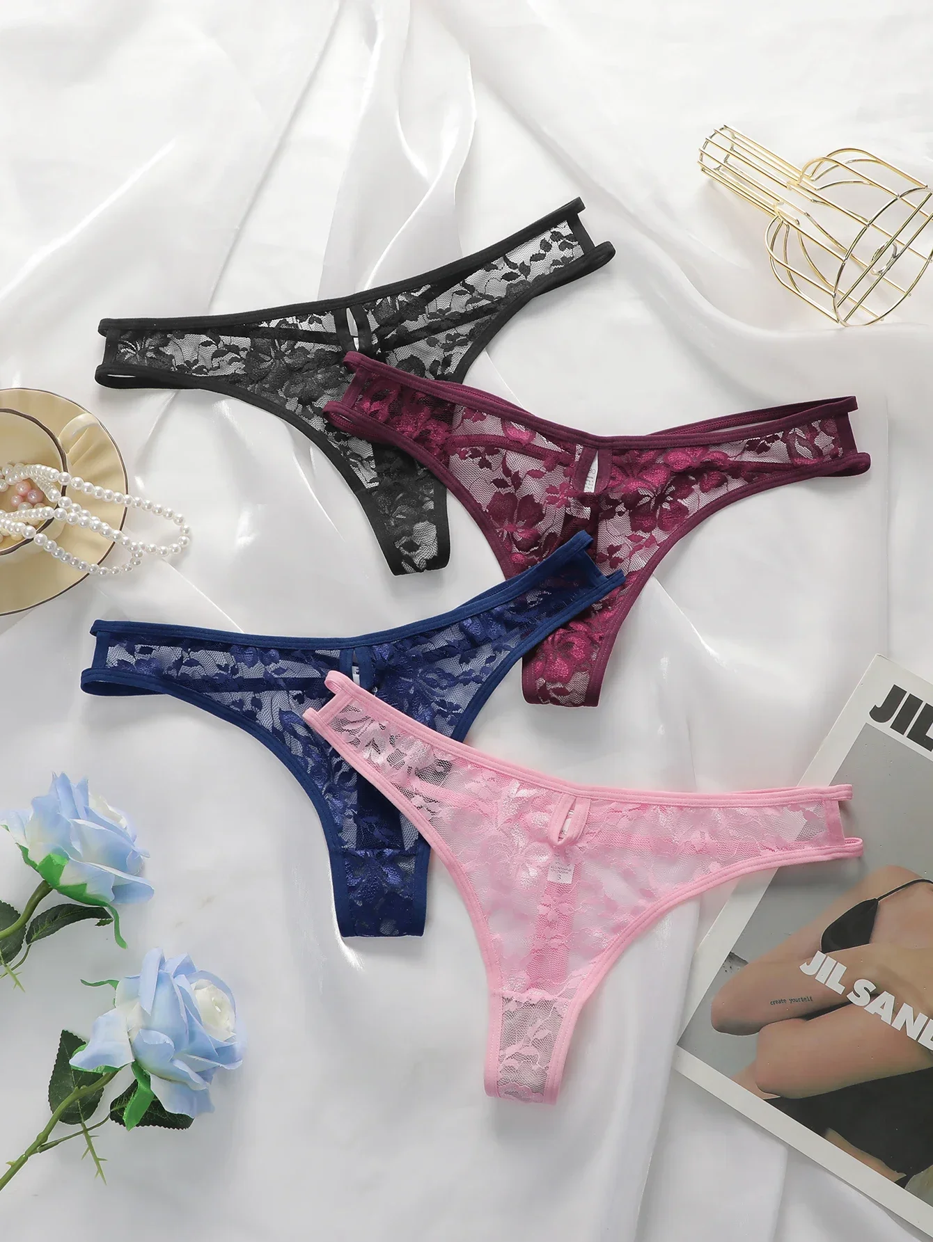 

Hot Selling New Transparent Multi-color Lace Sexy Underwear For Women's Trackless 4-piece Invisible Thong Underwear