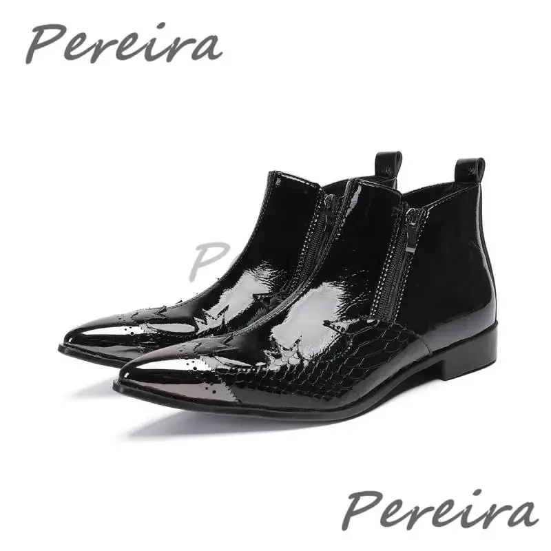 

Solid Iron Pointy Toe Chelsea Boots British Style Patent Leather Side Zipper Ankle Boots Luxury Party Banquet Men's Dress Shoes