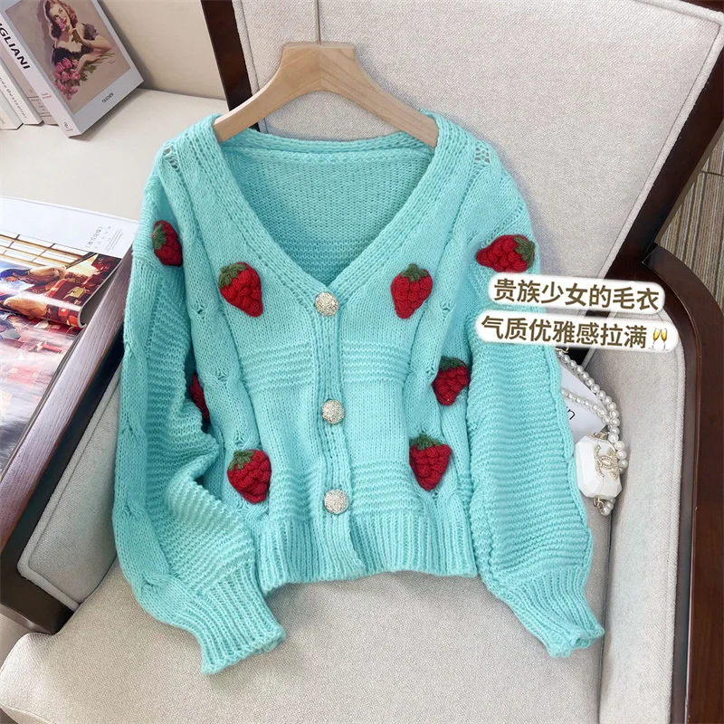

Женский клубничный кардиган, свитер, роскошный кашемировый свитер с длинными рукавами и v-образным вырезом, винтажный Y2k 2000-х годов, модная одежда, осень-зима