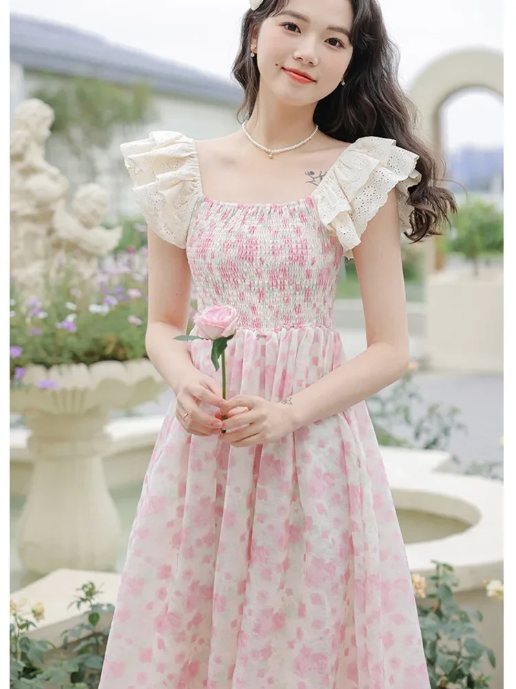 

2023 Flying Sleeves Strap Flower Vestido Women's Sexy French Pink Print Sweet Romantic Dresses for Women Retro Summer Slip Dress