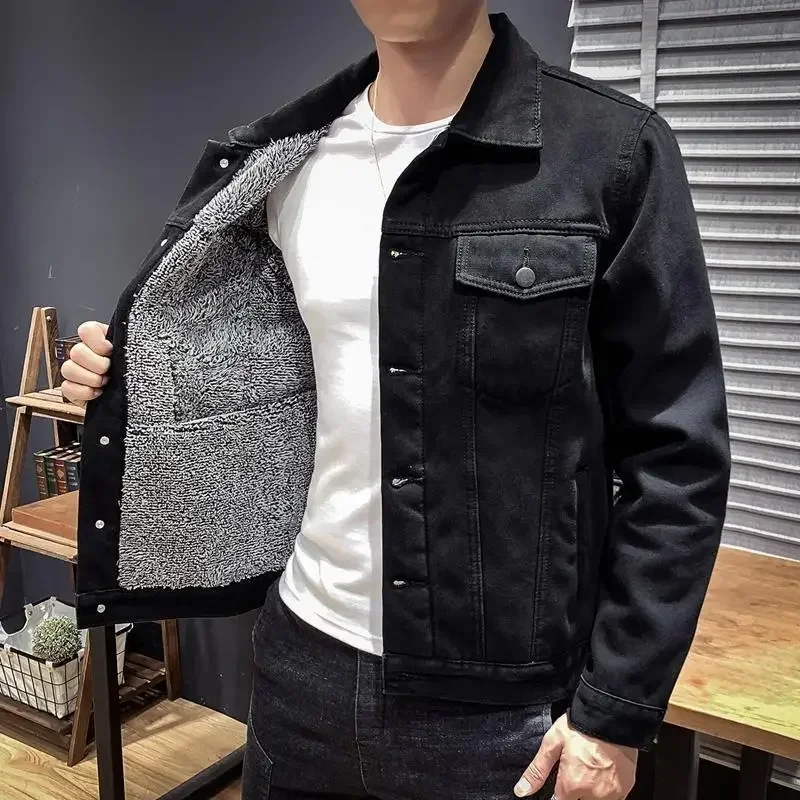 Men's Denim Jacket Wool Black Warm Male Jean Coats Padding Padded with Sheep Trendy Winter Outerwear Fashion Korean Style Korea