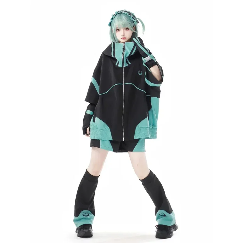 

Japanese Style Mine Sportswear Green Orange Black Overcoat Spring New Original Y2K Loose Leg Warmer Shorts Full Set CHJ875 yi;4