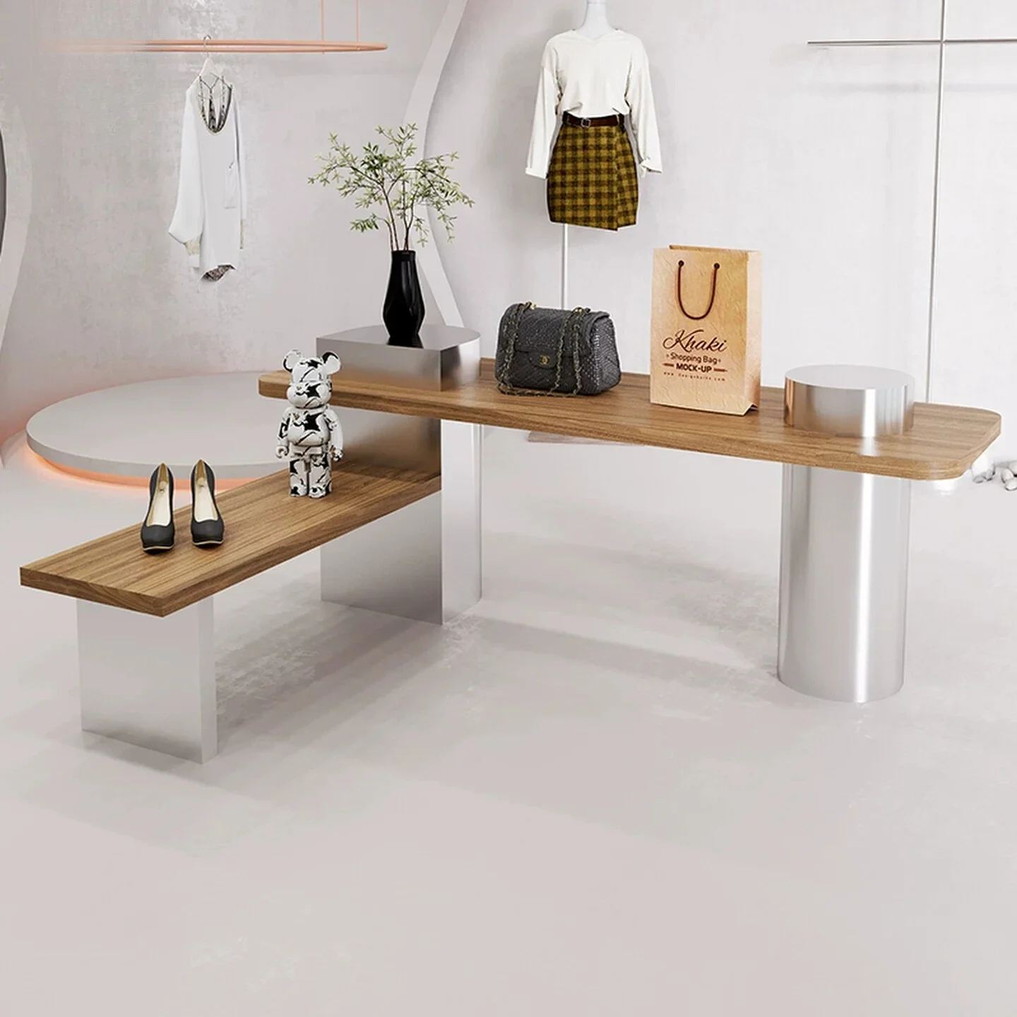 Nakashimadai water table display table shoe store display walnut booth in the middle