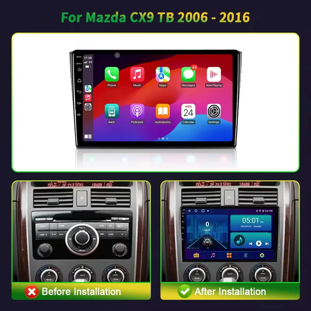 Android 15 Carplay Auto For Mazda CX9 CX-9 TB 2006 2007 2008 2009 2010 2016 Car Radio Multimedia Player Video Stereo WIFI+4G DSP