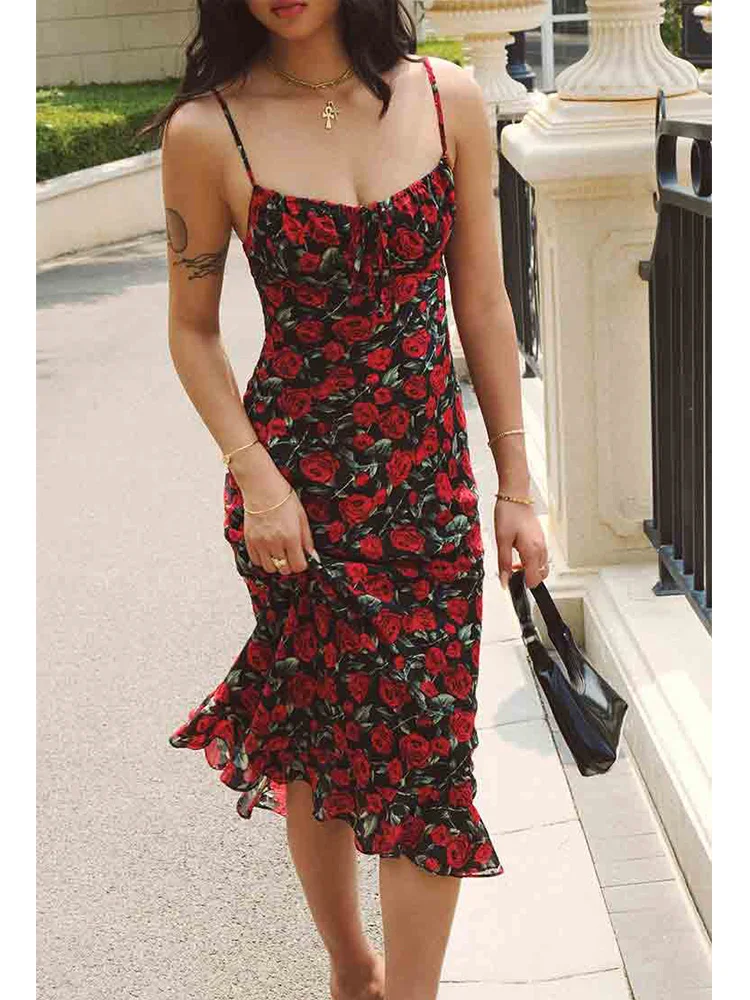 Rose Red Flower Printed Black Bodycon Summer Dress Women 2024 Beach Boho Maxi Slip Sundress Ruffles Sleeveless Long Floral Dress