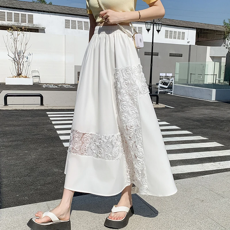 QOERLIN 3D Rose Hollow Out Skirts Women Black White Elastic Waist A-Line Elegant Loose Casual Midi Skirts Female Summer Skirt