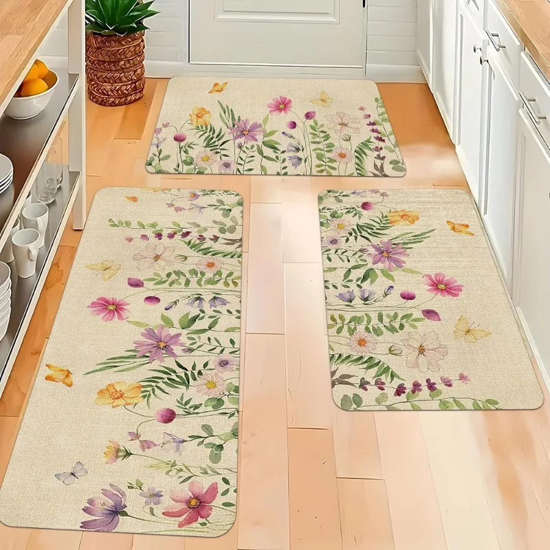Frühlings-Blumen-Schmetterlings-Muster-Teppich im Aquarell-Stil, weiche, rutschfeste Küchenmatte, Esszimmer-Heimdekor-Matte