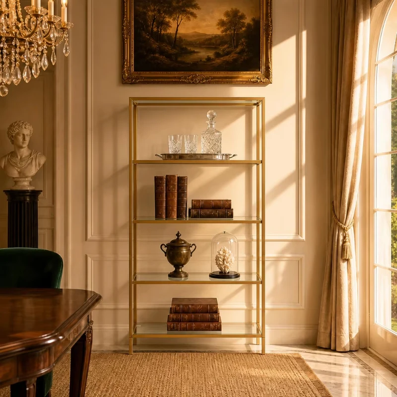 Premium Luxury Slender Lines Stainless Steel Frame Transparent Glass Panel Modular Shelving for Furniture Retailers