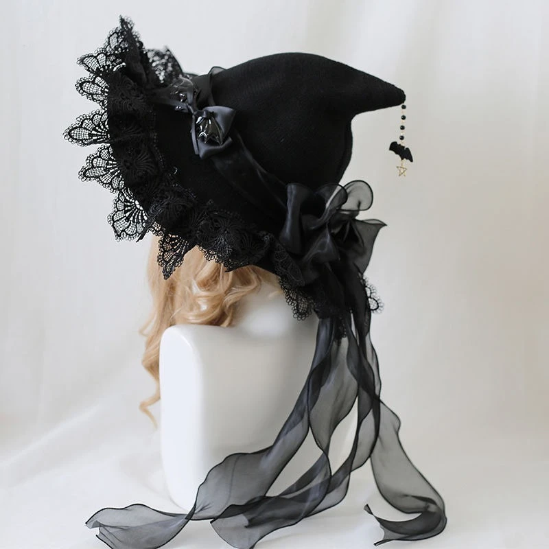

Handmade Lolita Black Halloween Witch Lei Sibonett BNT Hat Bowknot Bat Lace Bow Bnt Headgear Women Cosplay Hair Accessories Girl