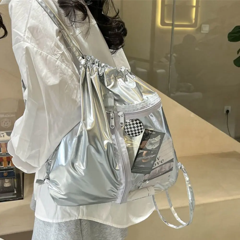 Transparent Pocket Drawstring Backpack Silver PU Large Capacity Korean Style Itabag Lightweight Handheld Bag Shoulder Bag