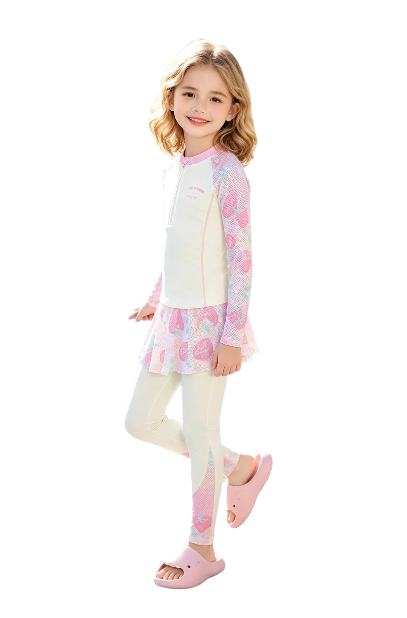 

Girls 3 Pieces Rash Guard Swimsuit Printed Long Sleeve Half Zip Top with Long Pants Skirt Set UPF50+ Quick Dry for Swimming
