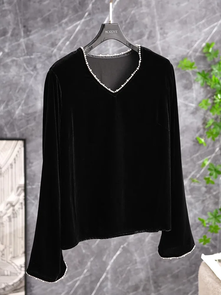 

Ele Bla Swan V-ne Velvet irt Women's Premium Asymmetric Bell Sve Top Commute Sle Polyester Silk Blend