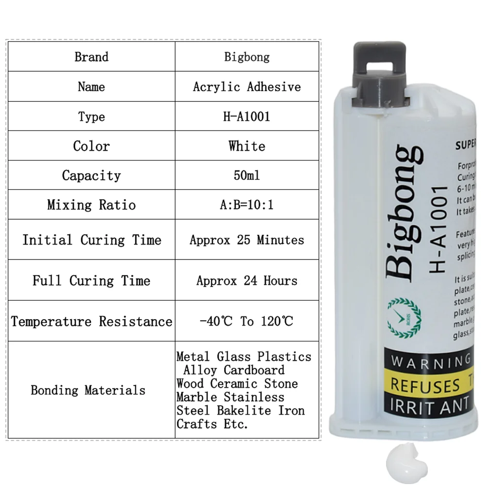 Bigbong Weiß 10:1 Klebstoffe 50ml 2-Komponenten-Acrylklebstoffe Aushärtungszeit 20-25 Minuten AB Strukturklebstoff Mischdüse Klebepistolen – Detail 1