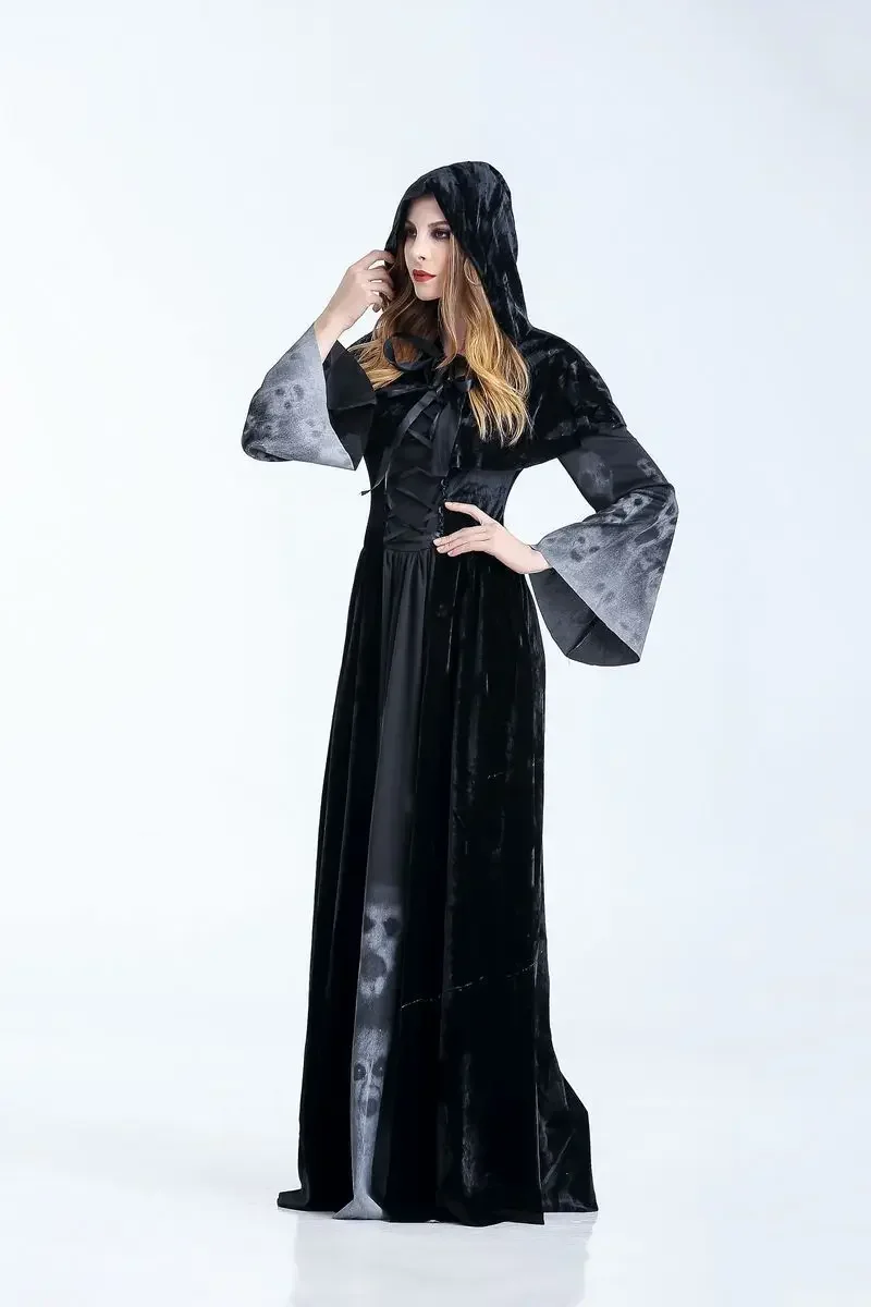 Costumes de cosplay victorien d'Halloween pour femmes, vêtements de sorcière de vampire effrayants, masade médiévale, costume de Tim, robe maxi de paupières fantôme