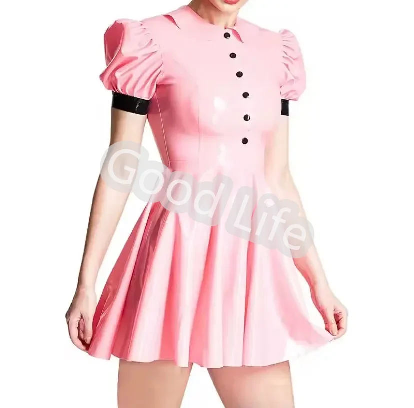 

Handmade Natural Latex Rubber Sexy Dress Women Short Sleeves Dress with Black and Button Decoration Back Zip Lady's Sexy Skirt