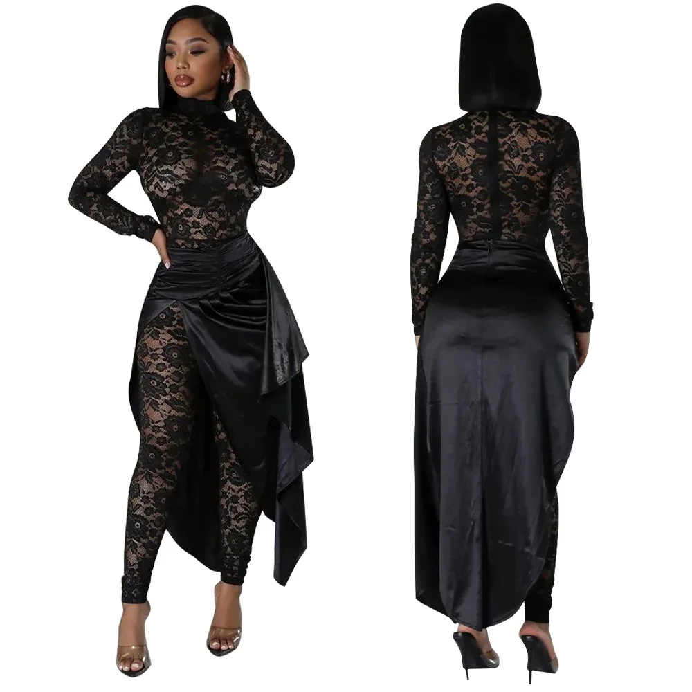 2024 New Lace Jumpsuits for Women Long Sleeve See Through Romper With Skirts Two Piece Set Sexy Party Club Jumpsuit