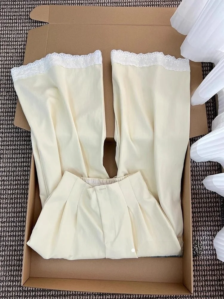 

Желтые брюки с кружевной отделкой, широкие штанины, высокая талия, свободный крой, повседневные брюки для женщин, весенний сезон, удобные, свободные