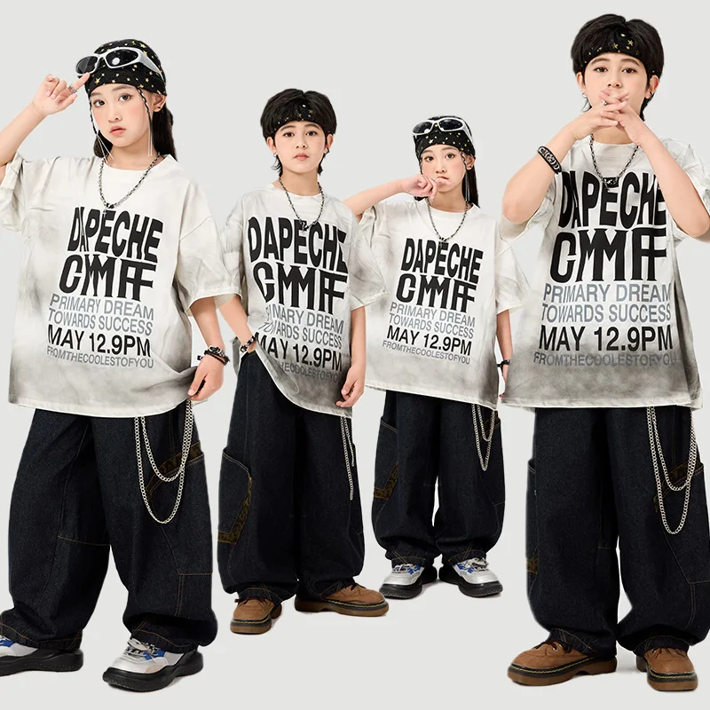 

Kid Kpop Hip Hop Clothing White Letters T Shirt Top Denim Leopard Pocket Jeans Cargo Pants for Girl Boy Dance Costumes Clothes