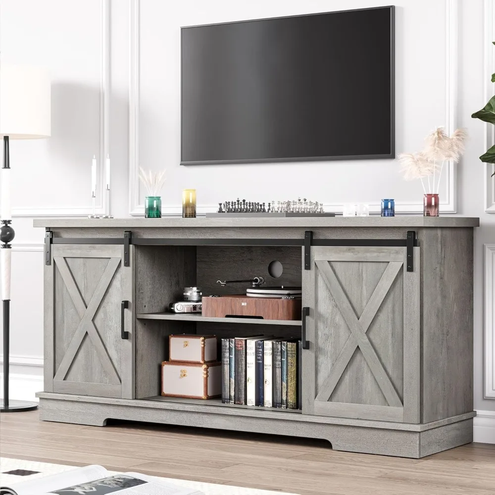 

TV Stand, Gray Farmhouse 65 Inch TV Stand with Storage and Shelves, Modern TV Stand Table Furniture for Living Room Bedroom