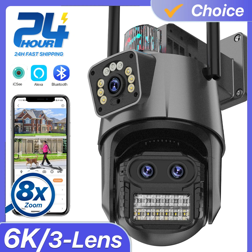 6K Wifi PTZ Camera Outdoor 8X Zoom 3-Lens 2-Screen Security WIFI 4K IP Camera Surveillance CCTV Video Auto Tracking iCsee