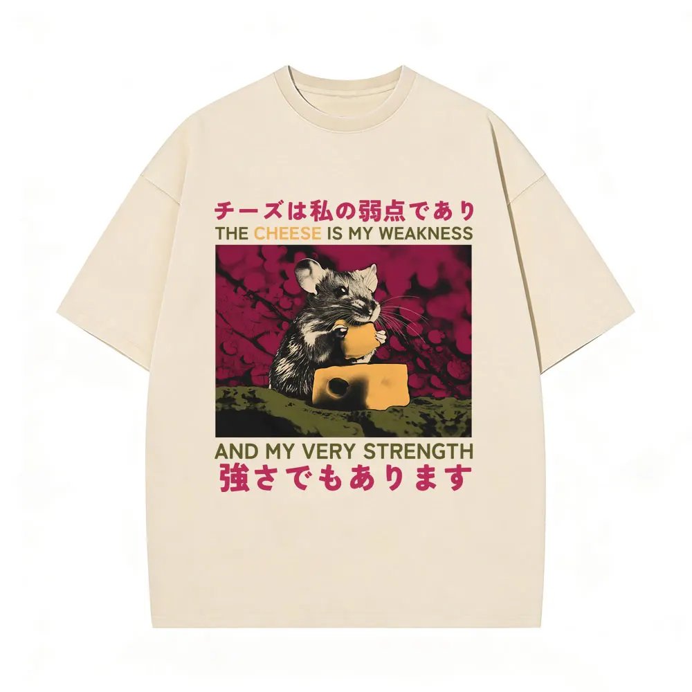

Футболка «Сыр — моя слабость и моя самая сила» в японском стиле, винтажная, с эффектом потертости, мужская, хлопковая, свободного кроя