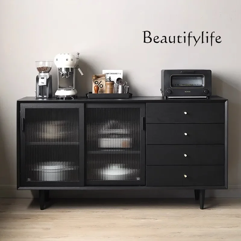 Nordic simple oak solid wood dining side cabinet modern retro bedroom storage storage sliding door tea cabinet