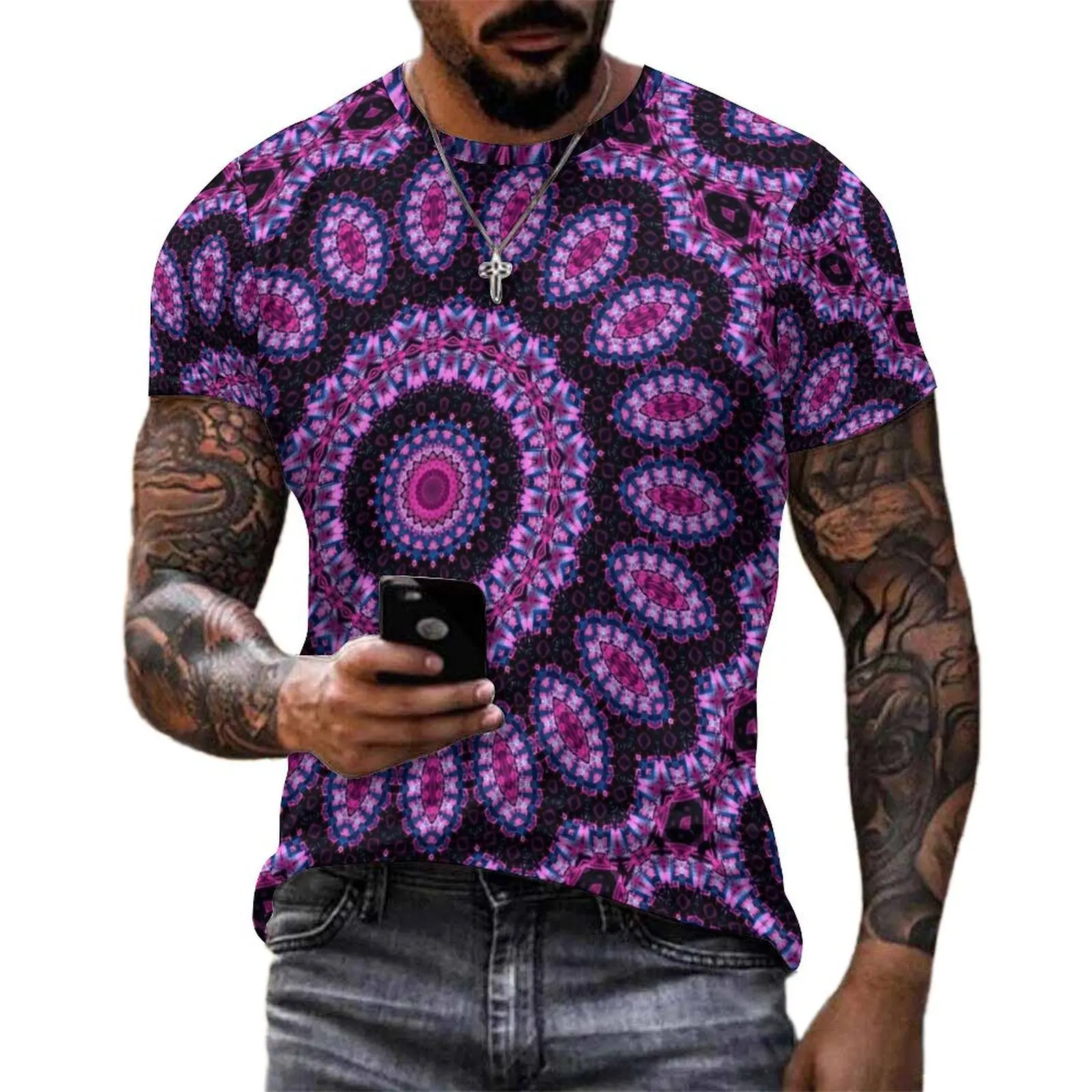 Rave Mandala T Shirt Neon Pink Print Vintage T-Shirts Man Casual Tshirt Beach Short Sleeves Graphic Tops Plus Size